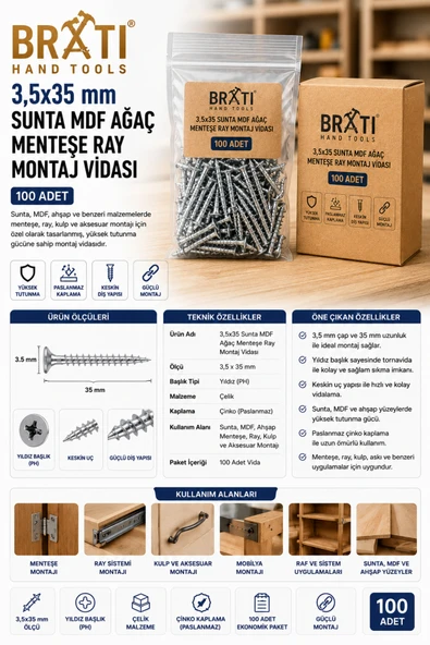 BRATİ HAND TOOLS 3,5x35 Sunta Mdf Ağaç Menteşe Ray Montaj Vidası (100 Adet) ürün görseli 1