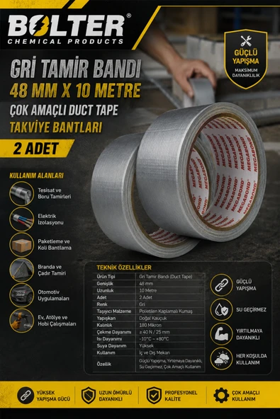 BOLTER CHEMİCAL PRODUCTS Gri Tamir Bandı 48 Mm X 10 Metre Çok Amaçlı Duct Tape Takviye Bantları 2 Adet ürün görseli 1
