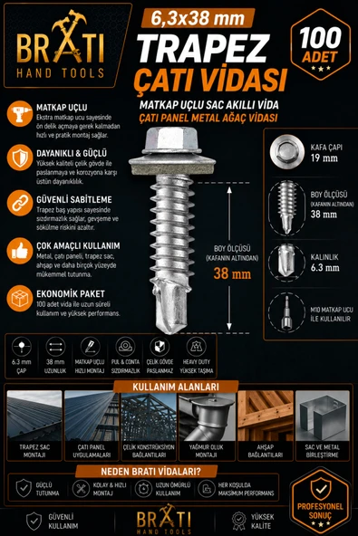 BRATİ HAND TOOLS 6.3X38 Trapez Çatı Vidası Panel Vidası M10 Adaptörlü 100 Adet Trapez Vida Çatı Vidası ürün görseli 1