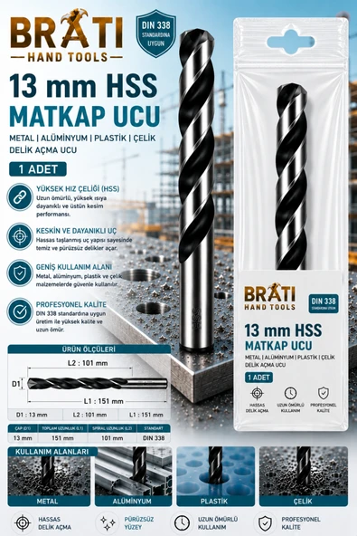 BRATİ HAND TOOLS 13 Mm Hss Matkap Ucu Metal Alüminyum, Pvc, Plastik Çelik Delme Uç 13 mm Delik Açma Ucu 1 Adet ürün görseli 1