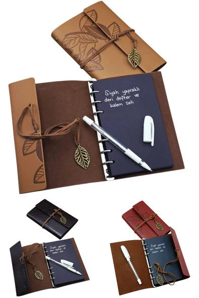 Wolawood Siyah Yapraklı Deri Defter & Beyaz Jel Kalem Seti Vintage Günlük Çizim Eskiz Not Defteri Hediye Seti ürün görseli 1