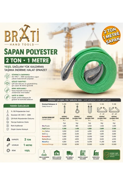 BRATİ HAND TOOLS Sapan Polyester 2 Ton 1 Metre Yeşil Sağlam Yük Kaldırma Taşıma İndirme Halat Spanzet ürün görseli 1