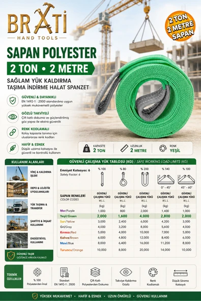 BRATİ HAND TOOLS Sapan Polyester Spanzet 2 Ton 2 Metre Su Yeşili Sağlam Yük Kaldırma Taşıma İndirme Halat ürün görseli 1