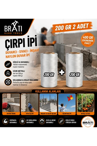 BRATİ HAND TOOLS Çırpı İpi Duvarcı Sıvacı İnşaat Naylon Duvar İpi Uçurtma İpi 200 Gr 2 Adet ürün görseli 1