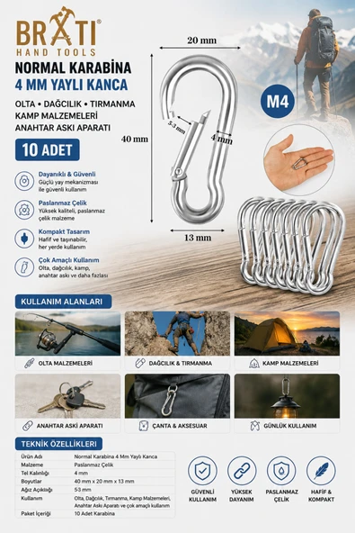 BRATİ HAND TOOLS Normal Karabina 4 Mm Yaylı Kanca Olta Dağcılık Tırmanma Kamp Malzemeleri Anahtar Askı Aparatı 10 Ad ürün görseli 1