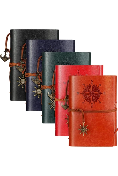 Wolawood Prestige Collection 5,li Vintage Deri Defter Seti Çapalı, Pusula, Denizci Temalı & Çizgisiz, Spiralli, Retro/Journal Günlük, Anı, Hatıra, Ajanda Hediyelik Set {5~Adet} ürün görseli 1