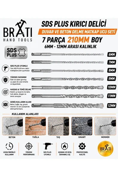 BRATİ HAND TOOLS Sds Plus Kırıcı Delici Hilti Duvar ve Beton Delme Matkap Ucu seti 7 parça 210mm Boy 6mm-12mm ürün görseli 1