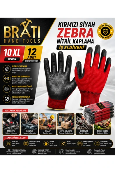 BRATİ HAND TOOLS Kırmızı Siyah Zebra Nitril Kaplama İş Eldiveni 10 XL Esnek Konforlu Çalışma Eldiveni 12 Adet ürün görseli 1