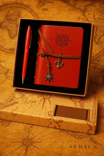 Wolawood Lüks Vintage Deri Defter Pusula Detaylı Hatıra Günlüğü Eskitme Sayfalı Kutulu Vip Kalem Hediyeli Set ürün görseli 1