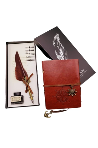taşarzade Pusula Tasarımlı Deri Kapaklı Retro Defter Ve Mürekkepli Tüylü Kalem Divit Hokka Set Özel Vip Üretim ürün görseli 1