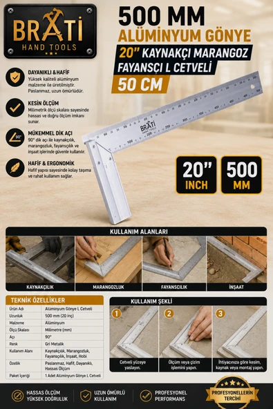 BRATİ HAND TOOLS 500 Mm Alüminyum Gönye 20'' Kaynakçı Marangoz Fayansçı L Cetveli 50 Cm ürün görseli 1