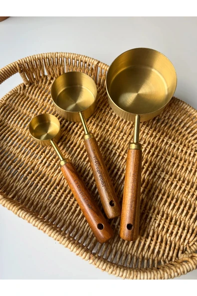 Wolawood Gold Metal 3’lü Ölçü Kaşığı Seti Pinterest Stili Doğal Ahşap Saplı Özel Trend Sunum Mutfak Takımı ürün görseli 1