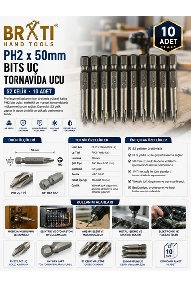 BRATİ HAND TOOLS OKR Ph2x50mm Bits Uç Tornavida Ucu S2 Çelik 10 Adet ürün görseli 1