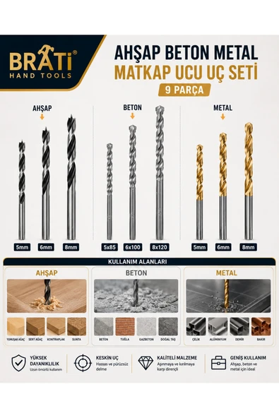 BRATİ HAND TOOLS Ahşap Metal Beton Matkap Uç Seti 9 Parça Matkap Ucu Delme Seti Matkap Uç Seti Delme Ucu ürün görseli 1