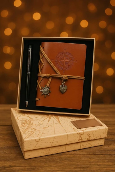 Wolawood Lüks Vintage Deri Defter Pusula Detaylı Hatıra Günlüğü Eskitme Sayfalı Kutulu Vip Kalem Hediyeli Set ürün görseli 1