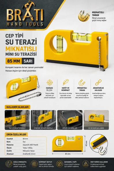 BRATİ HAND TOOLS Cep Tipi Su Terazi Mıknatıslı Mini Su Terazisi 85 Mm Sarı ürün görseli 1