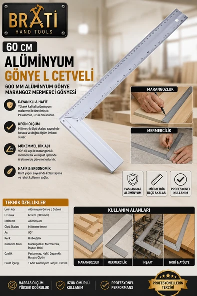 BRATİ HAND TOOLS 60 Cm Alüminyum Gönye L cetveli 600 Mm Alüminyum Gönye Marangoz Mermerci Gönyesi ürün görseli 1