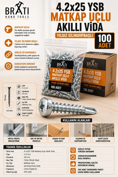 BRATİ HAND TOOLS 4.2x25 YSB Matkap Uçlu Akıllı Vida Yıldız Silindir Başlı 100 Adet ürün görseli 1