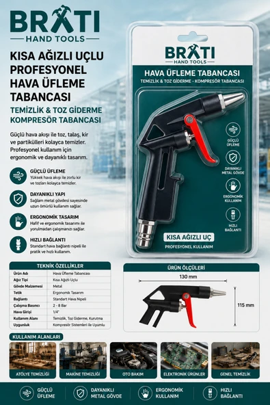 BRATİ HAND TOOLS Kısa Ağızlı Uçlu Profesyonel Hava Üfleme Tabancası Temizlik Toz Giderme Kompresör Tabancası Metal Gövde ürün görseli 1