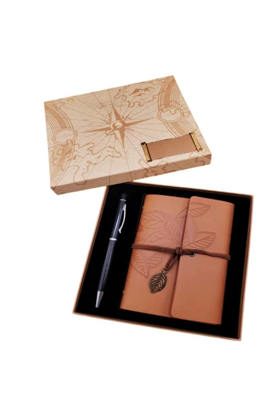 EXENET Vintage Nostaljik Eskitme Deri Kapaklı Retro Defter & Özel Tükenmez Kalem & VIP Kutulu Hediye Seti ürün görseli 1