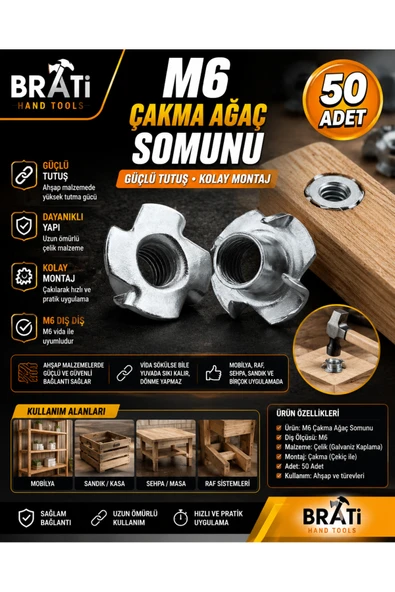 BRATİ HAND TOOLS M6 Çakma Ağaç Somunu (50 Adet) ürün görseli 1