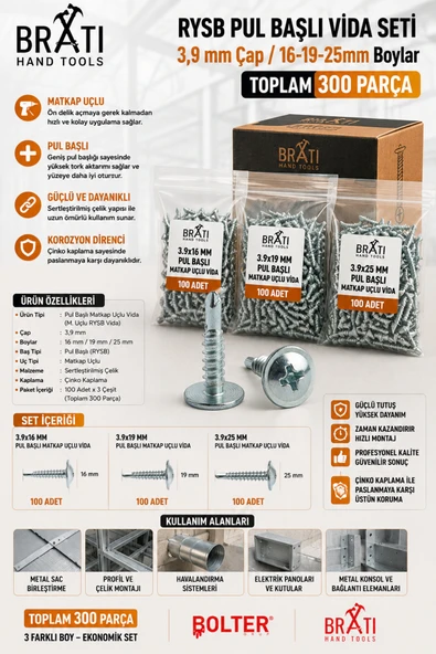 BRATİ HAND TOOLS RYSB Pul Başlı Vida Seti – 3,9 mm Çap /16-19-25mm Boylar Toplam 300 Parça ürün görseli 1