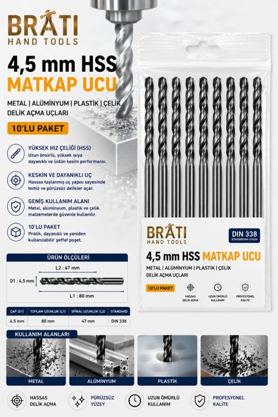 BRATİ HAND TOOLS 4,5 Mm Matkap Ucu 10 Ad Metal Alüminyum Ahşap Plastik Çelik Delme Delik Açma Uç ürün görseli 1