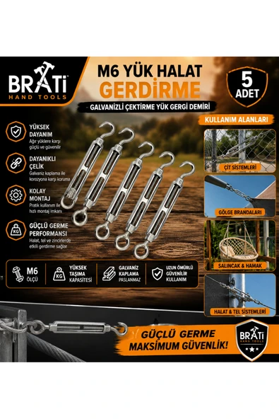 BRATİ HAND TOOLS Kanca M6 Yük Halat Gerdirme Galvanizli Çektirme Yük Gergi Demiri 5 Adet ürün görseli 1