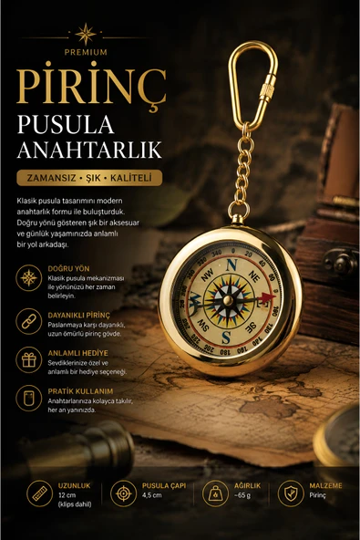 Wolawood Royal Explorer Pirinç Pusula Anahtarlık & Vintage Koleksiyon Serisi, Dekoratif Denizci Pusulası, Metal Anahtarlık, Seyahat, Kamp, Outdoor Şık Hediyelik Aksesuar ürün görseli 1
