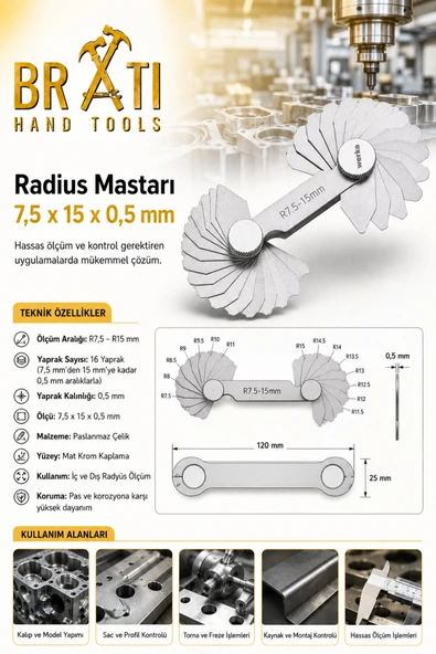 BRATİ HAND TOOLS Radius Mastarı 7,5 x 15 x 0,5 mm Radyüs Mastarı ürün görseli 1