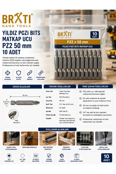 BRATİ HAND TOOLS Yıldız Pozi Bits Matkap Ucu PZ2 50 Mm 10 Adet ürün görseli 1