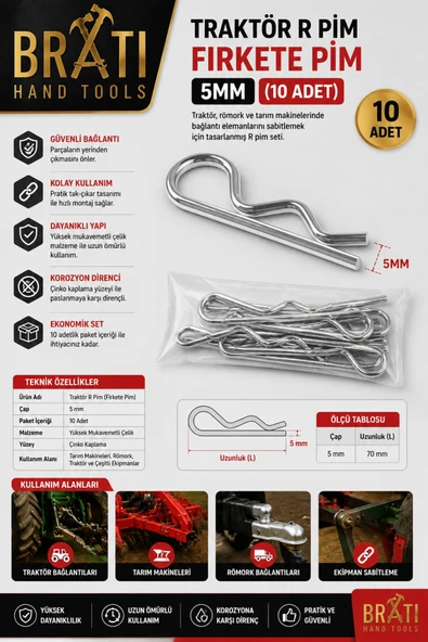 BRATİ HAND TOOLS Traktör R Pim Firkete Pim 5MM (10 Adet) ürün görseli 1