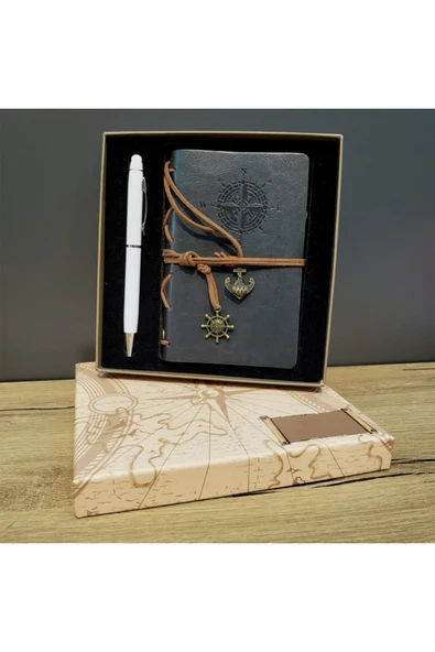 EXENET Pusula Temalı Deri Kapaklı Vintage Defter ve Metal Touchpen Kalem Özel Kutulu Konsept Hediyelik Set ürün görseli 1