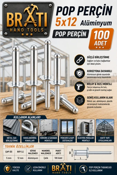 BRATİ HAND TOOLS 5x12 Alüminyum Pop Perçin 100'lü Paket ürün görseli 1
