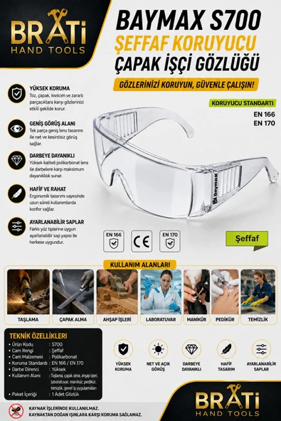BRATİ HAND TOOLS S700 Şeffaf Koruyucu Çapak Gözlüğü - Koruyucu Gözlük ürün görseli 1