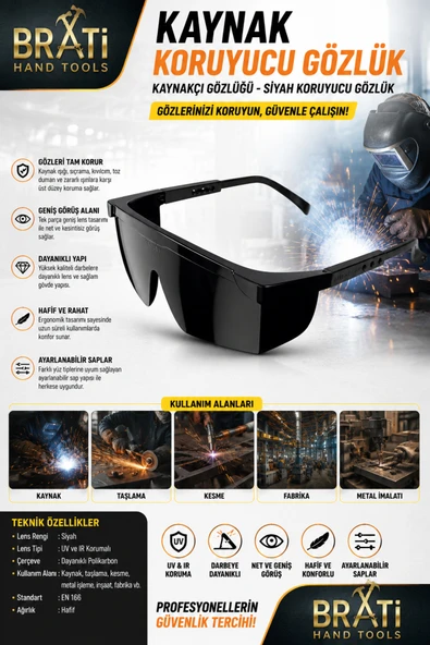 BRATİ HAND TOOLS Kaynak Koruyucu Gözlük Kaynakçı Gözlüğü Siyah Koruyucu Gözlük ürün görseli 1