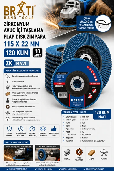 BRATİ HAND TOOLS 120 Kum Zirkonyum Flap Dizk Avuç İçi Taşlama ZK Flap Disk Zımpara 115 X 22 Mm (10 ADET) ürün görseli 1