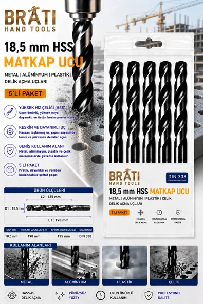 BRATİ HAND TOOLS 18,5 Mm Hss Matkap Ucu 5 Adet Metal Alüminyum Ahşap Plastik Çelik Delme Uç Delik Açma Uçları ürün görseli 1