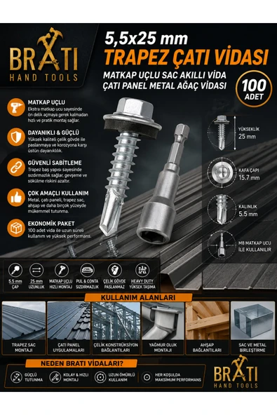 BRATİ HAND TOOLS 5,5X25 Çatı Vidası Trapez Sac Vidası Matkap Uçlu Sac Çatı Panel Metal Vida 100 Adet Adaptörlü ürün görseli 1