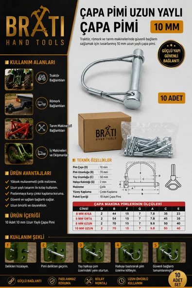 BRATİ HAND TOOLS Çapa Pimi Uzun Yaylı Çapa Pimi 10 Mm 10 Adet ürün görseli 1