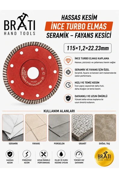 BRATİ HAND TOOLS Hassas Kesim Ince Turbo Elmas Seramik - Fayans Kesici 115×1,2x22.23mm ürün görseli 1