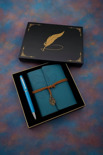 Wolawood Lüks Vintage Deri Defter Yaprak Detaylı Hatıra Günlüğü Eskitme Sayfalı Kutulu Vip Kalem Hediyeli Set ürün görseli 1