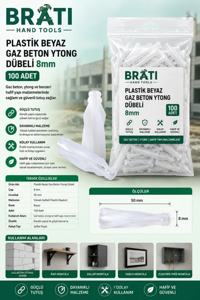 BRATİ HAND TOOLS Plastik Beyaz Gaz Beton Ytong Dübeli 8 Mm 100 Adet Yutong ürün görseli 1