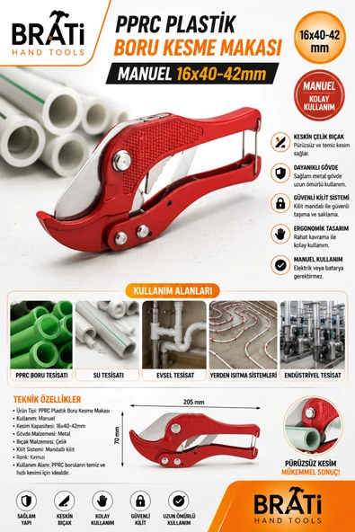 BRATİ HAND TOOLS Pprc Plastik Boru Kesme Makası Manuel 16x40-42mm ürün görseli 1