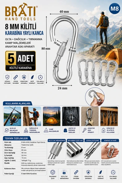 BRATİ HAND TOOLS 8 Mm Kilitli Karabina Yaylı Kanca Olta Dağcılık Tırmanma Kamp Malzemeleri Anahtar Askı Aparatı 5 Ad ürün görseli 1