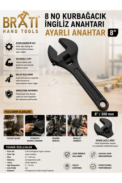 BRATİ HAND TOOLS 8 No Kurbağacık İngiliz Anahtarı Ayarlı Anahtar 8'' ürün görseli 1