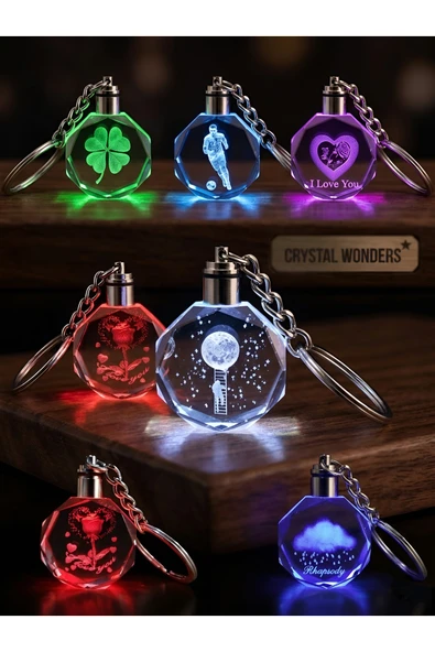 Wolawood Kristal LED Işıklı 5 Adet Toptan Anahtarlık Karışık Model Lazer İşlemeli Renkli RGB Işık Efektli Pil Dahil Şık Tasarım Hediyelik Takım 5'li Set ürün görseli 1