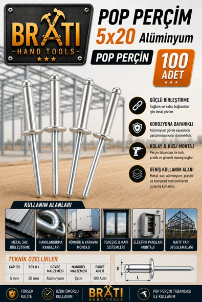 BRATİ HAND TOOLS Brati Perçim 5x20 Alüminyum Pop Perçin 100'lü Paket ürün görseli 1