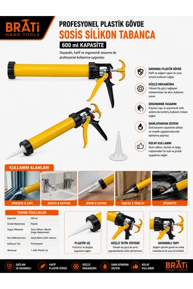 BRATİ HAND TOOLS Profesyonel Plastik Gövde Sosis Silikon Tabanca 600 ml Dayanıklı Mastik Silikon Tabancası ürün görseli 1