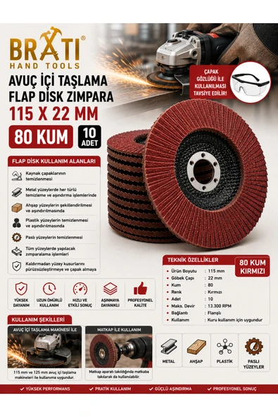 BRATİ HAND TOOLS Avuç İçi Taşlama Flap Disk Zımpara 115 X 22 Mm 80 Kum (10 ADET) ürün görseli 1